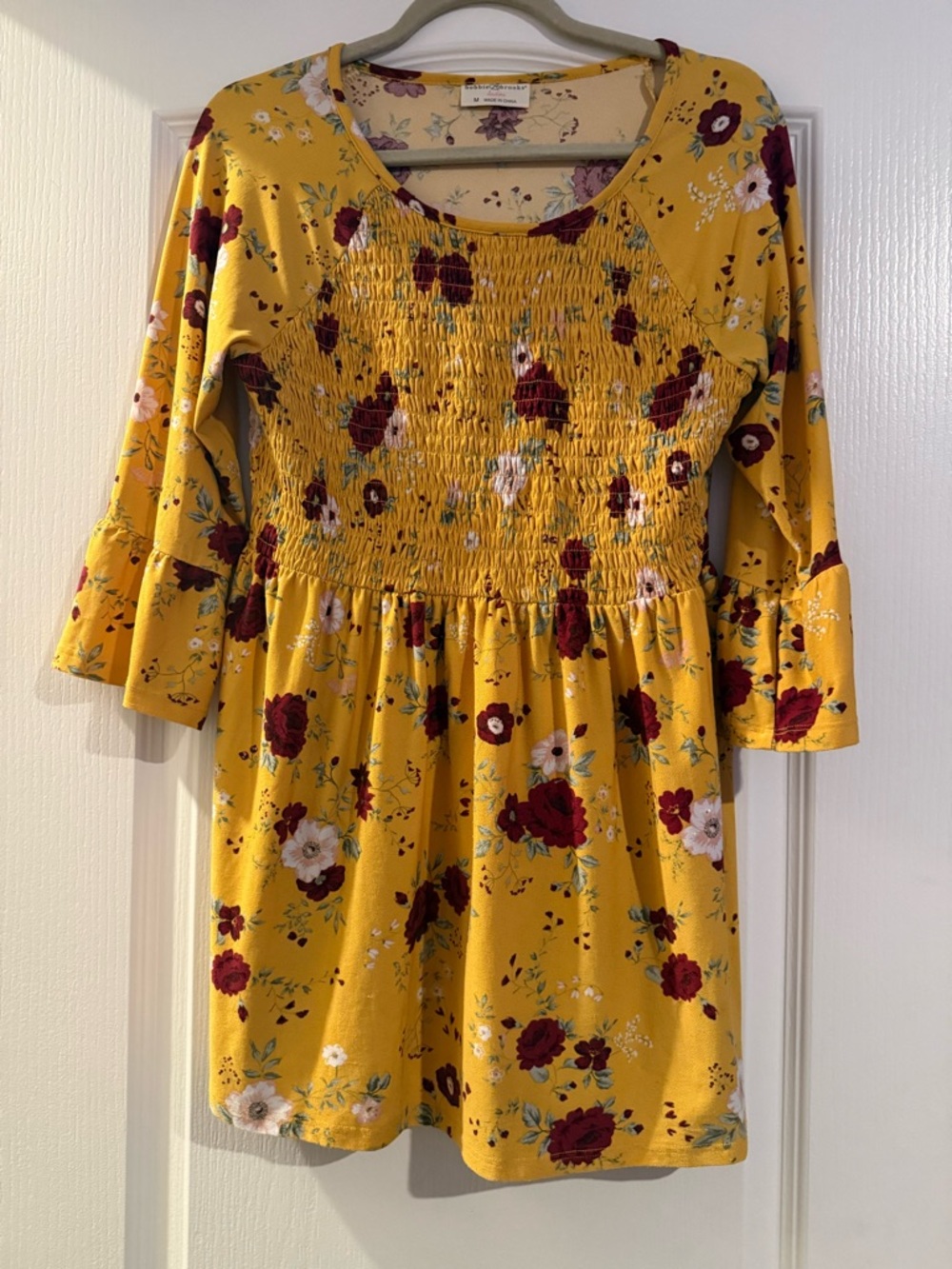 Bobbie Brooks Smocked Yellow Floral Tunic Top Babydoll Blouse Medium